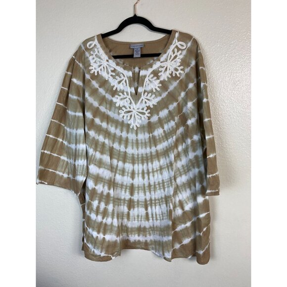 NEW Catherines Cotton Tie Dye Kaftan Top Plus Size 3X Boho Vacation Embroidered - Picture 1 of 15